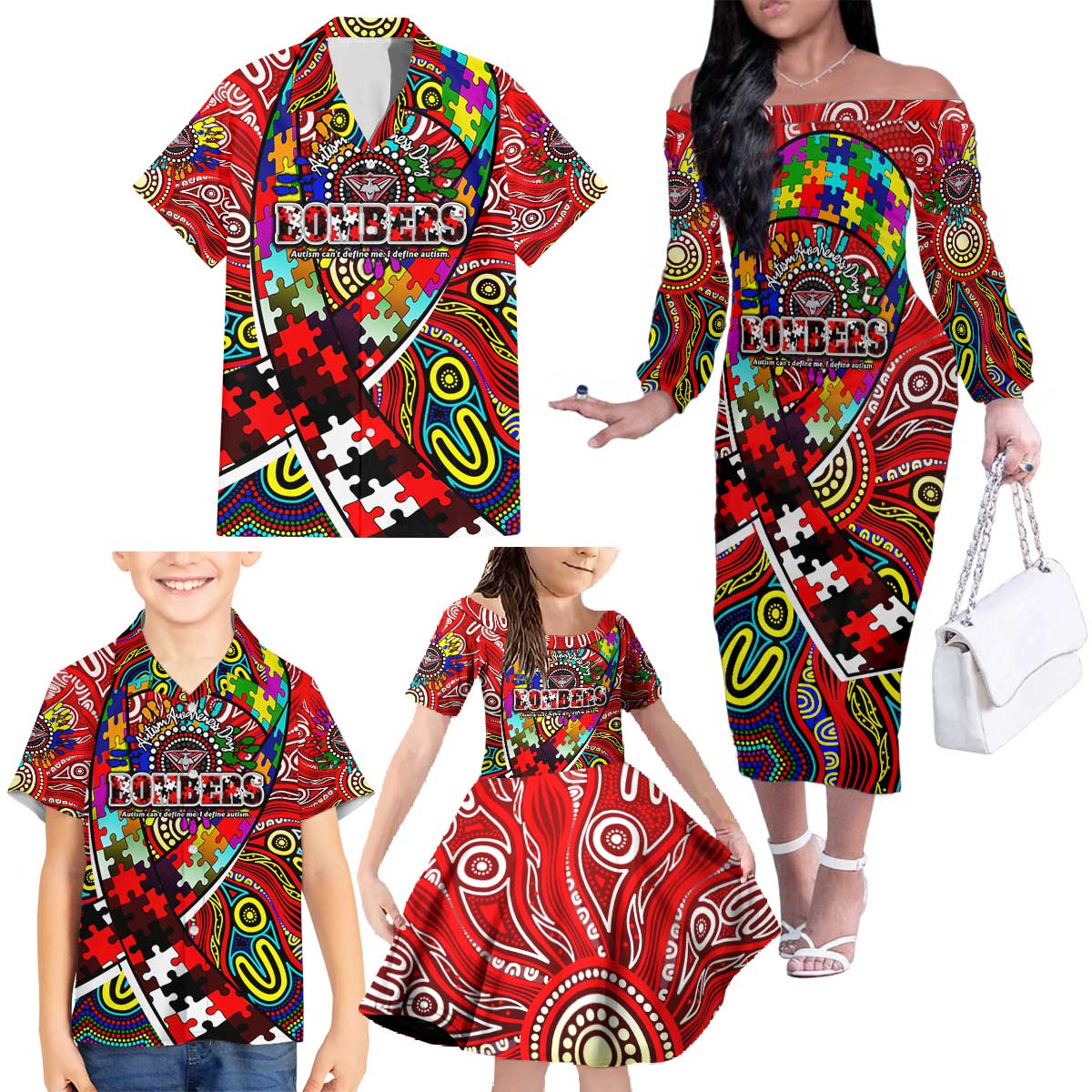 Autism Awareness Australia Essendon Bombers Family Matching Off The Shoulder Long Sleeve Dress and Hawaiian Shirt Aboriginal Indigenous Art