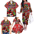 Autism Awareness Australia Essendon Bombers Family Matching Off The Shoulder Long Sleeve Dress and Hawaiian Shirt Aboriginal Indigenous Art