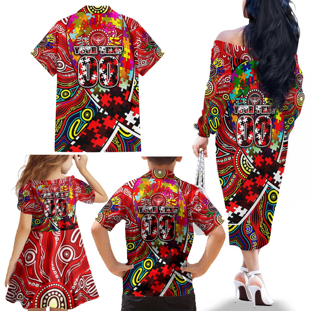 Autism Awareness Australia Essendon Bombers Family Matching Off The Shoulder Long Sleeve Dress and Hawaiian Shirt Aboriginal Indigenous Art