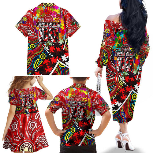 Autism Awareness Australia Essendon Bombers Family Matching Off The Shoulder Long Sleeve Dress and Hawaiian Shirt Aboriginal Indigenous Art