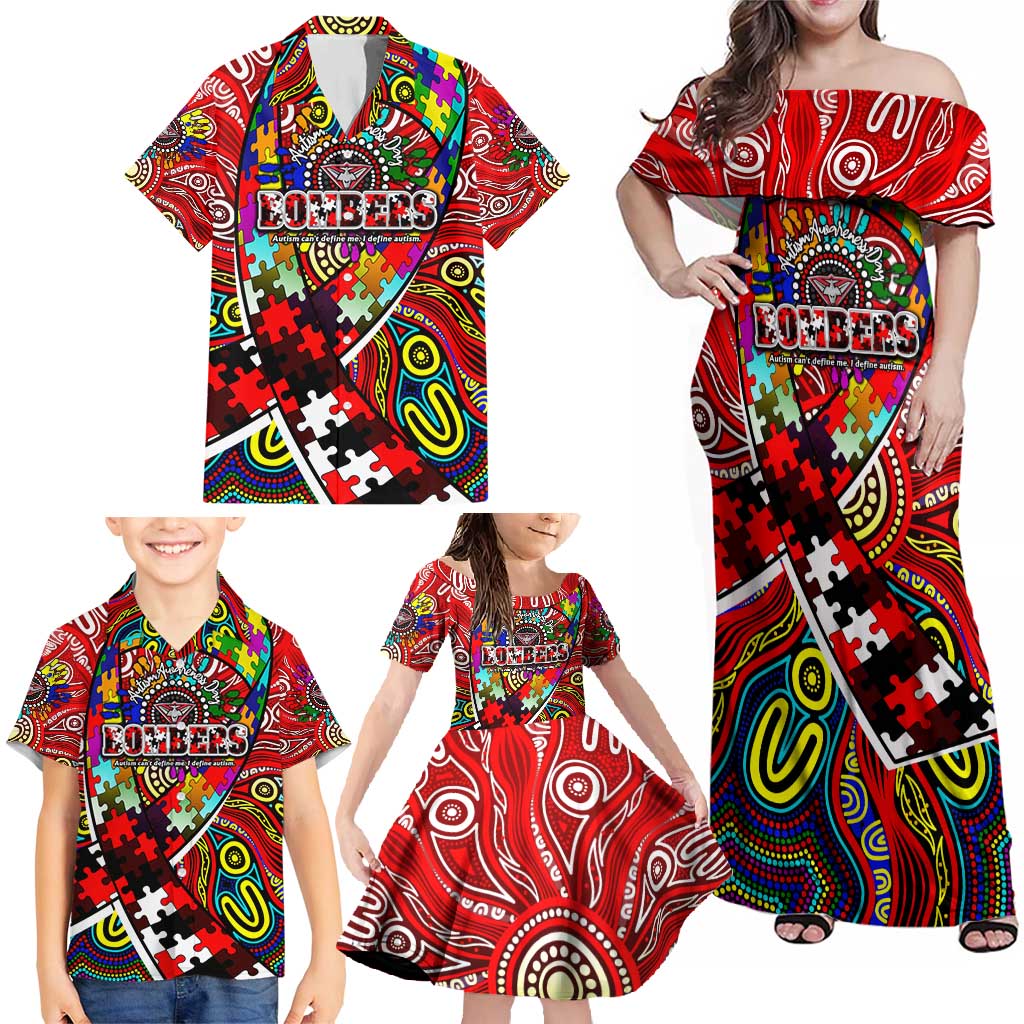 Autism Awareness Australia Essendon Bombers Family Matching Off Shoulder Maxi Dress and Hawaiian Shirt Aboriginal Indigenous Art