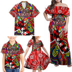 Autism Awareness Australia Essendon Bombers Family Matching Off Shoulder Maxi Dress and Hawaiian Shirt Aboriginal Indigenous Art