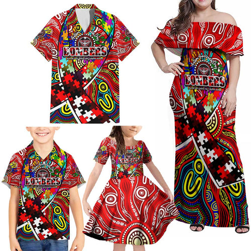 Autism Awareness Australia Essendon Bombers Family Matching Off Shoulder Maxi Dress and Hawaiian Shirt Aboriginal Indigenous Art