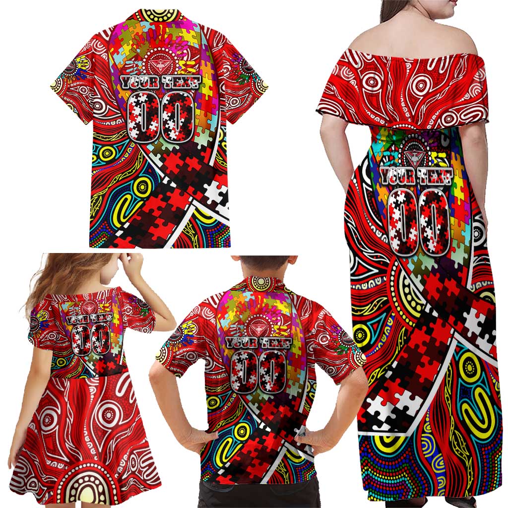 Autism Awareness Australia Essendon Bombers Family Matching Off Shoulder Maxi Dress and Hawaiian Shirt Aboriginal Indigenous Art