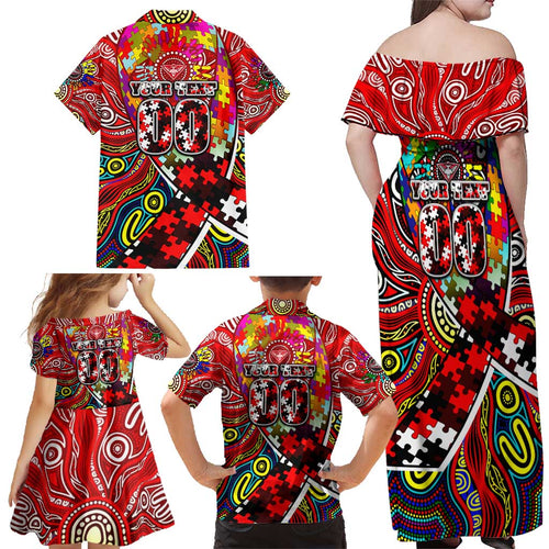 Autism Awareness Australia Essendon Bombers Family Matching Off Shoulder Maxi Dress and Hawaiian Shirt Aboriginal Indigenous Art