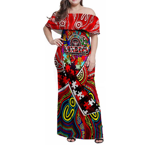 Autism Awareness Australia Essendon Bombers Family Matching Off Shoulder Maxi Dress and Hawaiian Shirt Aboriginal Indigenous Art