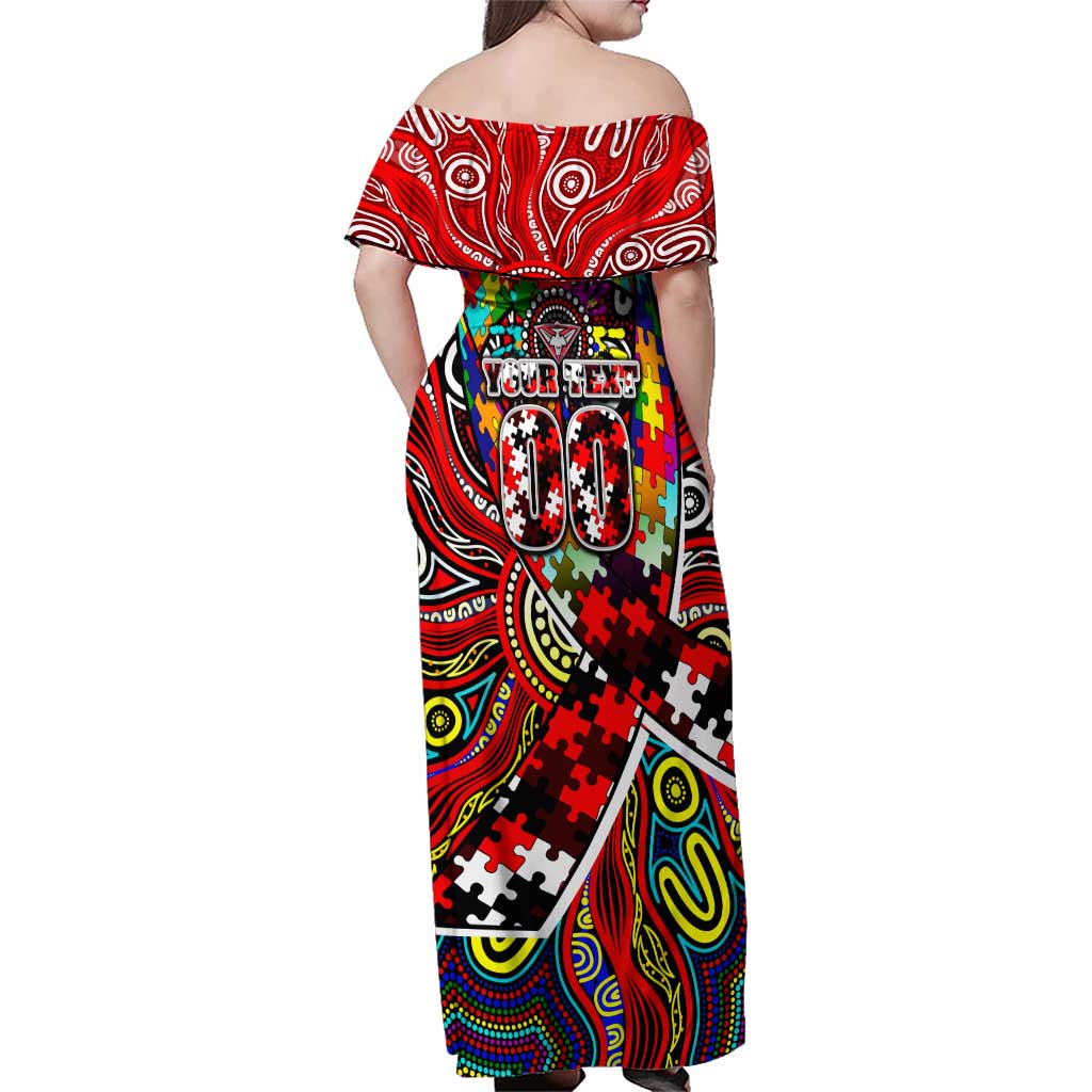 Autism Awareness Australia Essendon Bombers Family Matching Off Shoulder Maxi Dress and Hawaiian Shirt Aboriginal Indigenous Art