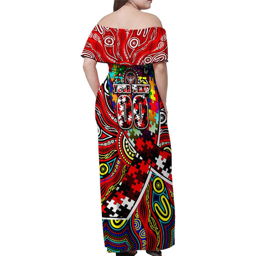 Autism Awareness Australia Essendon Bombers Family Matching Off Shoulder Maxi Dress and Hawaiian Shirt Aboriginal Indigenous Art