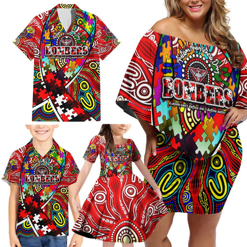 Autism Awareness Australia Essendon Bombers Family Matching Off Shoulder Short Dress and Hawaiian Shirt Aboriginal Indigenous Art