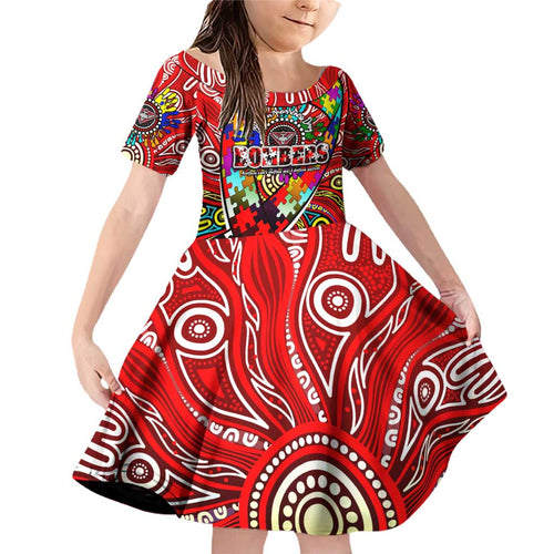 Autism Awareness Australia Essendon Bombers Family Matching Off Shoulder Short Dress and Hawaiian Shirt Aboriginal Indigenous Art