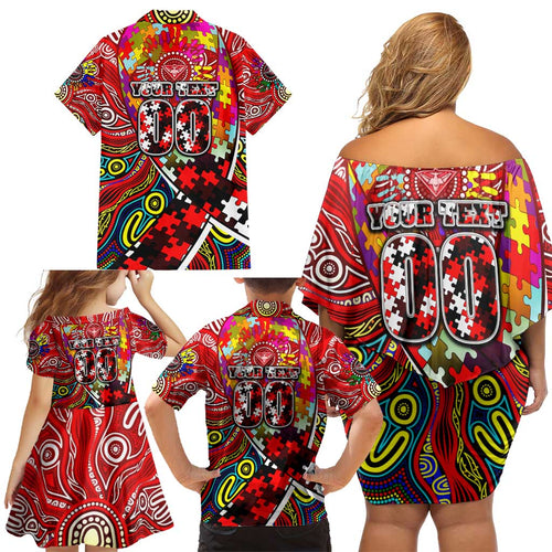 Autism Awareness Australia Essendon Bombers Family Matching Off Shoulder Short Dress and Hawaiian Shirt Aboriginal Indigenous Art