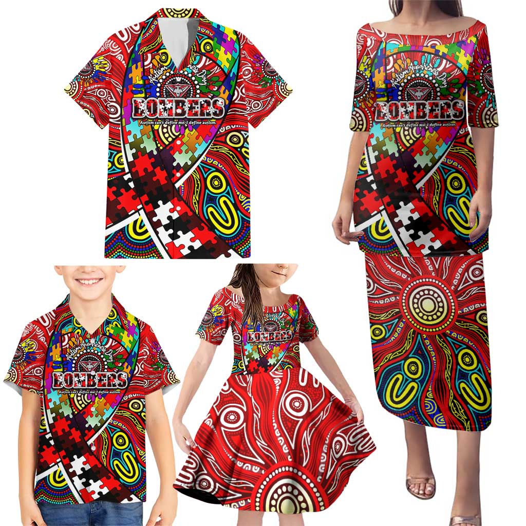 Autism Awareness Australia Essendon Bombers Family Matching Puletasi and Hawaiian Shirt Aboriginal Indigenous Art