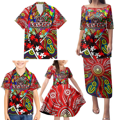 Autism Awareness Australia Essendon Bombers Family Matching Puletasi and Hawaiian Shirt Aboriginal Indigenous Art