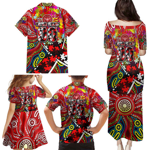 Autism Awareness Australia Essendon Bombers Family Matching Puletasi and Hawaiian Shirt Aboriginal Indigenous Art