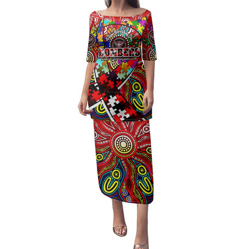 Autism Awareness Australia Essendon Bombers Family Matching Puletasi and Hawaiian Shirt Aboriginal Indigenous Art