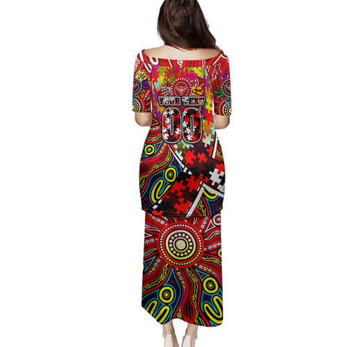 Autism Awareness Australia Essendon Bombers Family Matching Puletasi and Hawaiian Shirt Aboriginal Indigenous Art