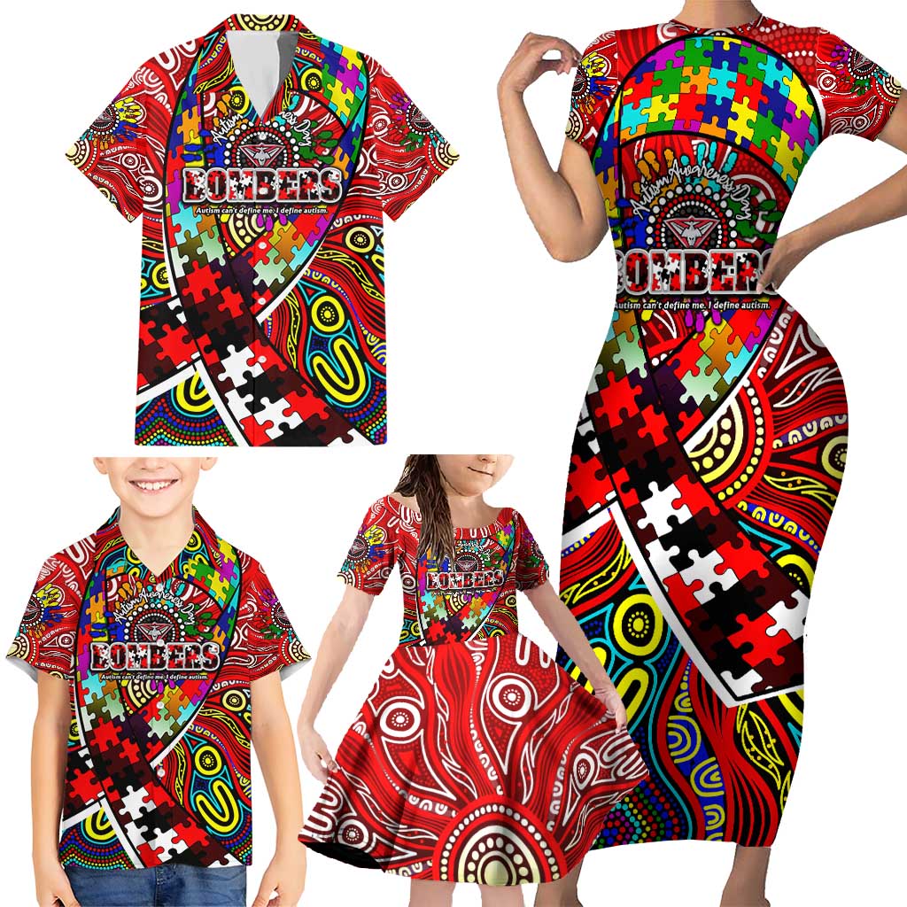 Autism Awareness Australia Essendon Bombers Family Matching Short Sleeve Bodycon Dress and Hawaiian Shirt Aboriginal Indigenous Art