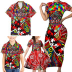Autism Awareness Australia Essendon Bombers Family Matching Short Sleeve Bodycon Dress and Hawaiian Shirt Aboriginal Indigenous Art