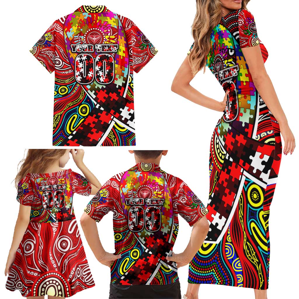 Autism Awareness Australia Essendon Bombers Family Matching Short Sleeve Bodycon Dress and Hawaiian Shirt Aboriginal Indigenous Art