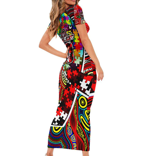 Autism Awareness Australia Essendon Bombers Family Matching Short Sleeve Bodycon Dress and Hawaiian Shirt Aboriginal Indigenous Art