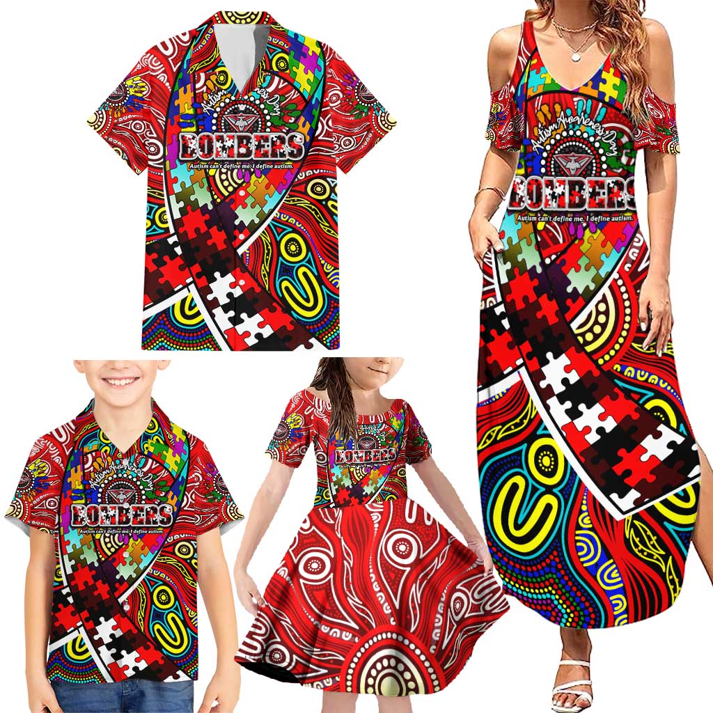 Autism Awareness Australia Essendon Bombers Family Matching Summer Maxi Dress and Hawaiian Shirt Aboriginal Indigenous Art