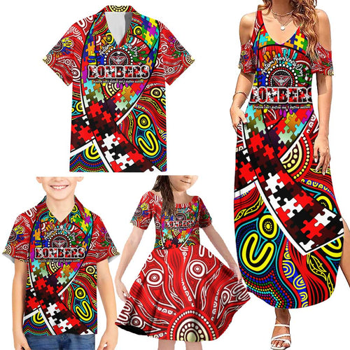 Autism Awareness Australia Essendon Bombers Family Matching Summer Maxi Dress and Hawaiian Shirt Aboriginal Indigenous Art