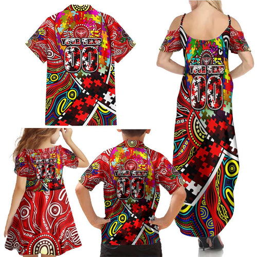 Autism Awareness Australia Essendon Bombers Family Matching Summer Maxi Dress and Hawaiian Shirt Aboriginal Indigenous Art