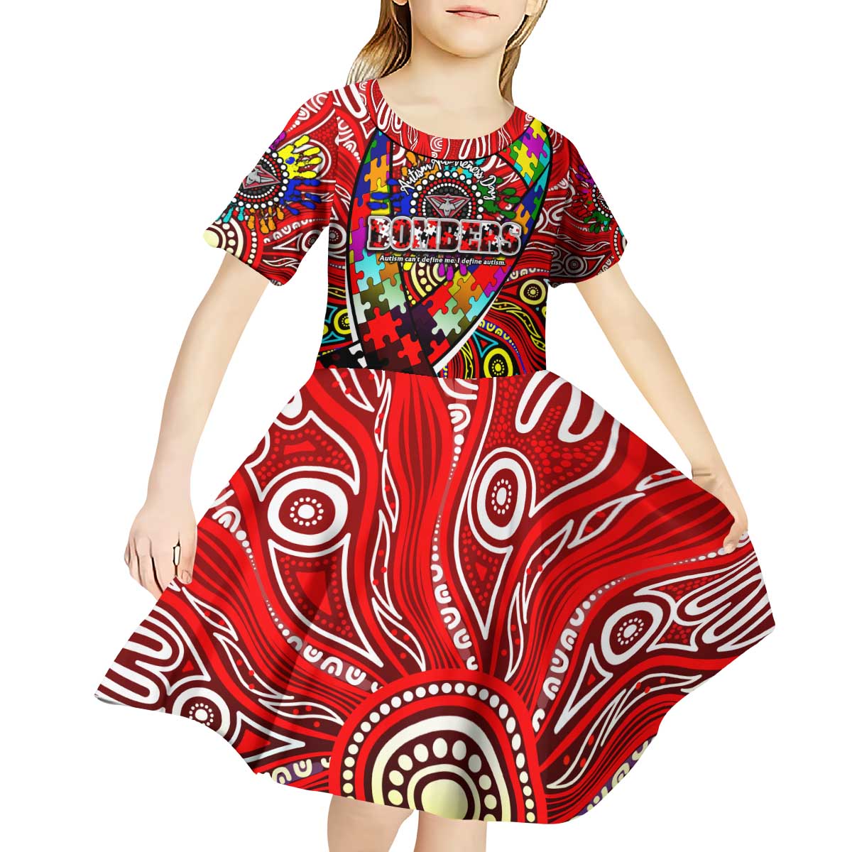 Autism Awareness Australia Essendon Bombers Kid Short Sleeve Dress Aboriginal Indigenous Art