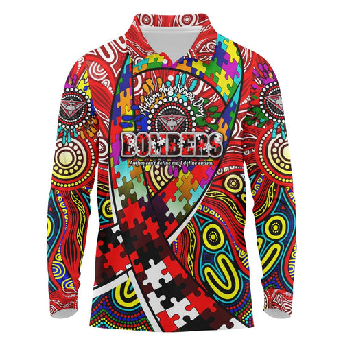 Autism Awareness Australia Essendon Bombers Long Sleeve Polo Shirt Aboriginal Indigenous Art