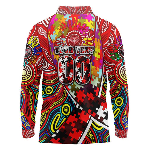 Autism Awareness Australia Essendon Bombers Long Sleeve Polo Shirt Aboriginal Indigenous Art