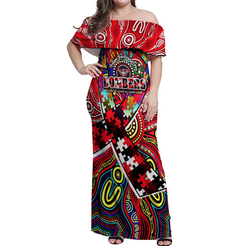 Autism Awareness Australia Essendon Bombers Off Shoulder Maxi Dress Aboriginal Indigenous Art