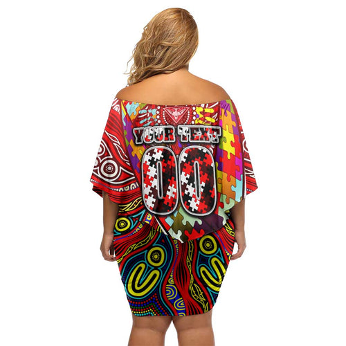Autism Awareness Australia Essendon Bombers Off Shoulder Short Dress Aboriginal Indigenous Art