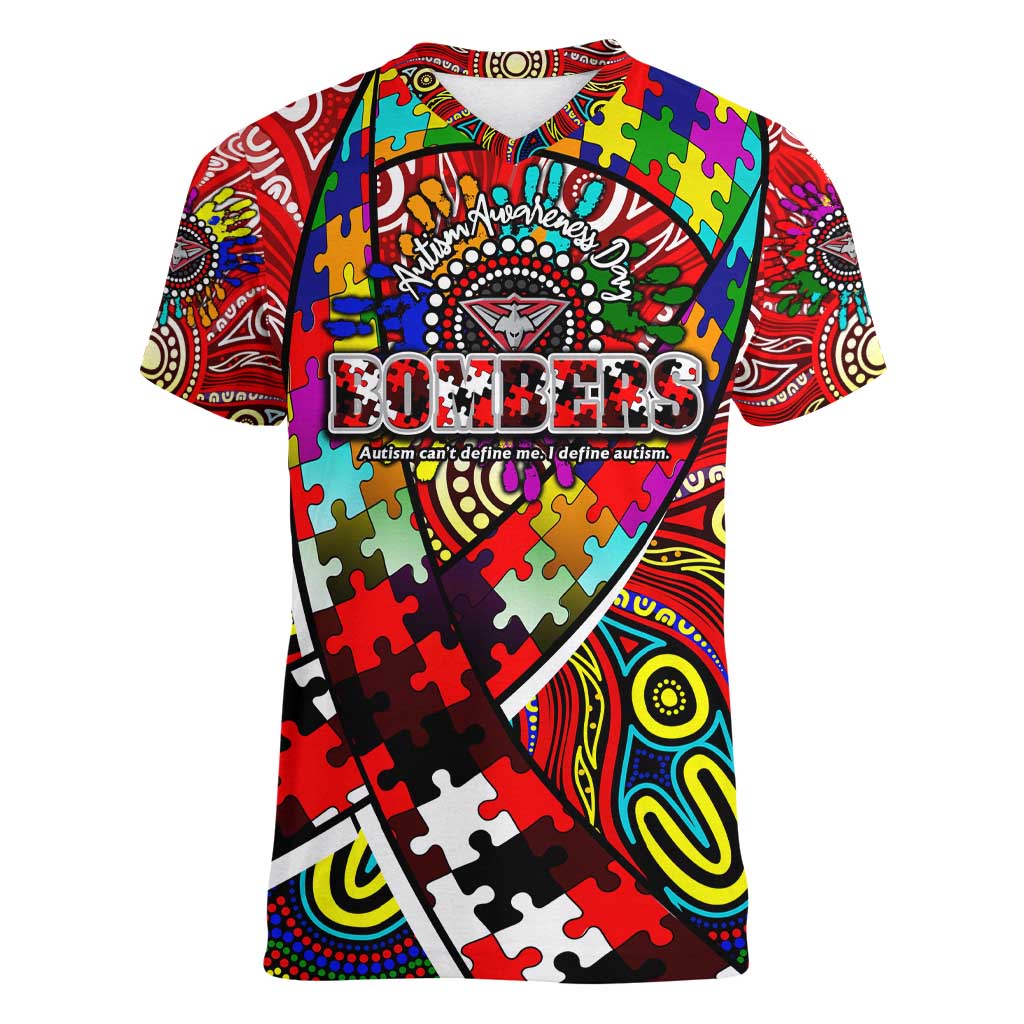 Autism Awareness Australia Essendon Bombers Women V-Neck T-Shirt Aboriginal Indigenous Art