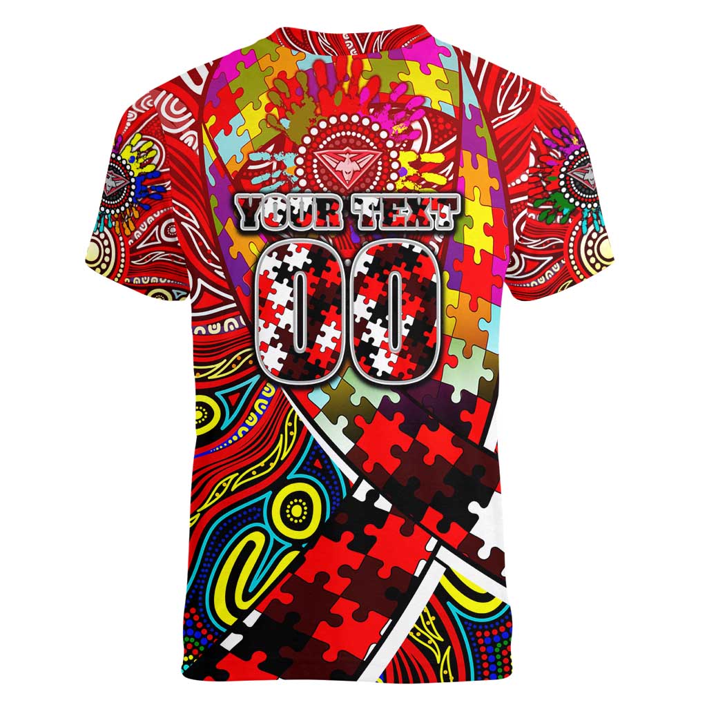 Autism Awareness Australia Essendon Bombers Women V-Neck T-Shirt Aboriginal Indigenous Art