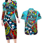 Autism Awareness Australia Port Adelaide Power Couples Matching Long Sleeve Bodycon Dress and Hawaiian Shirt Aboriginal Indigenous Art