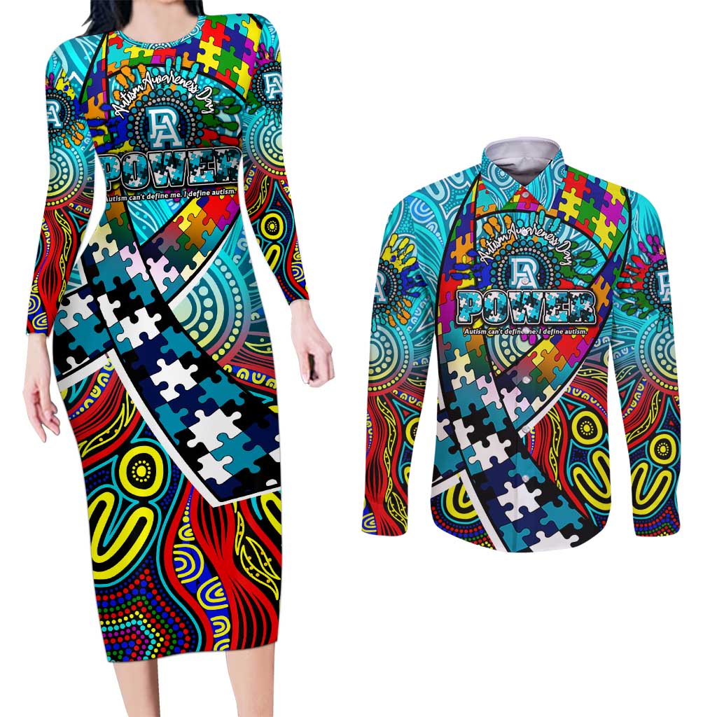 Autism Awareness Australia Port Adelaide Power Couples Matching Long Sleeve Bodycon Dress and Long Sleeve Button Shirt Aboriginal Indigenous Art