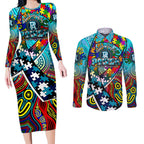 Autism Awareness Australia Port Adelaide Power Couples Matching Long Sleeve Bodycon Dress and Long Sleeve Button Shirt Aboriginal Indigenous Art
