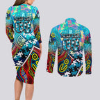 Autism Awareness Australia Port Adelaide Power Couples Matching Long Sleeve Bodycon Dress and Long Sleeve Button Shirt Aboriginal Indigenous Art