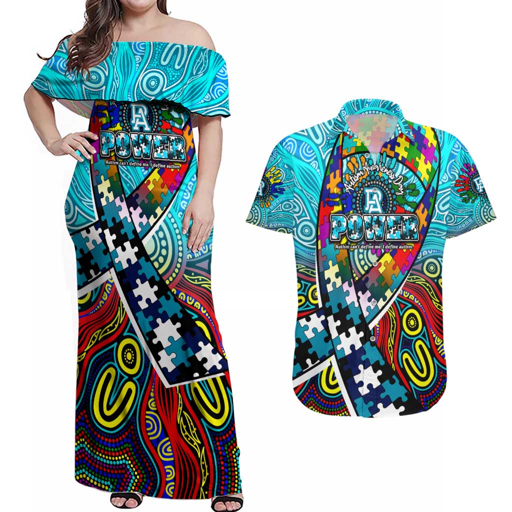 Autism Awareness Australia Port Adelaide Power Couples Matching Off Shoulder Maxi Dress and Hawaiian Shirt Aboriginal Indigenous Art