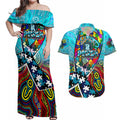 Autism Awareness Australia Port Adelaide Power Couples Matching Off Shoulder Maxi Dress and Hawaiian Shirt Aboriginal Indigenous Art