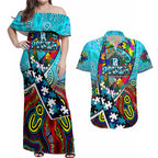 Autism Awareness Australia Port Adelaide Power Couples Matching Off Shoulder Maxi Dress and Hawaiian Shirt Aboriginal Indigenous Art