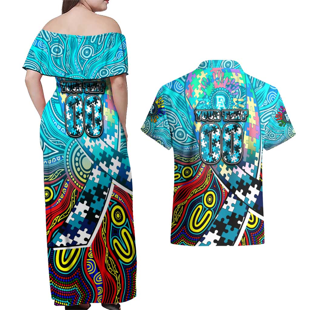 Autism Awareness Australia Port Adelaide Power Couples Matching Off Shoulder Maxi Dress and Hawaiian Shirt Aboriginal Indigenous Art