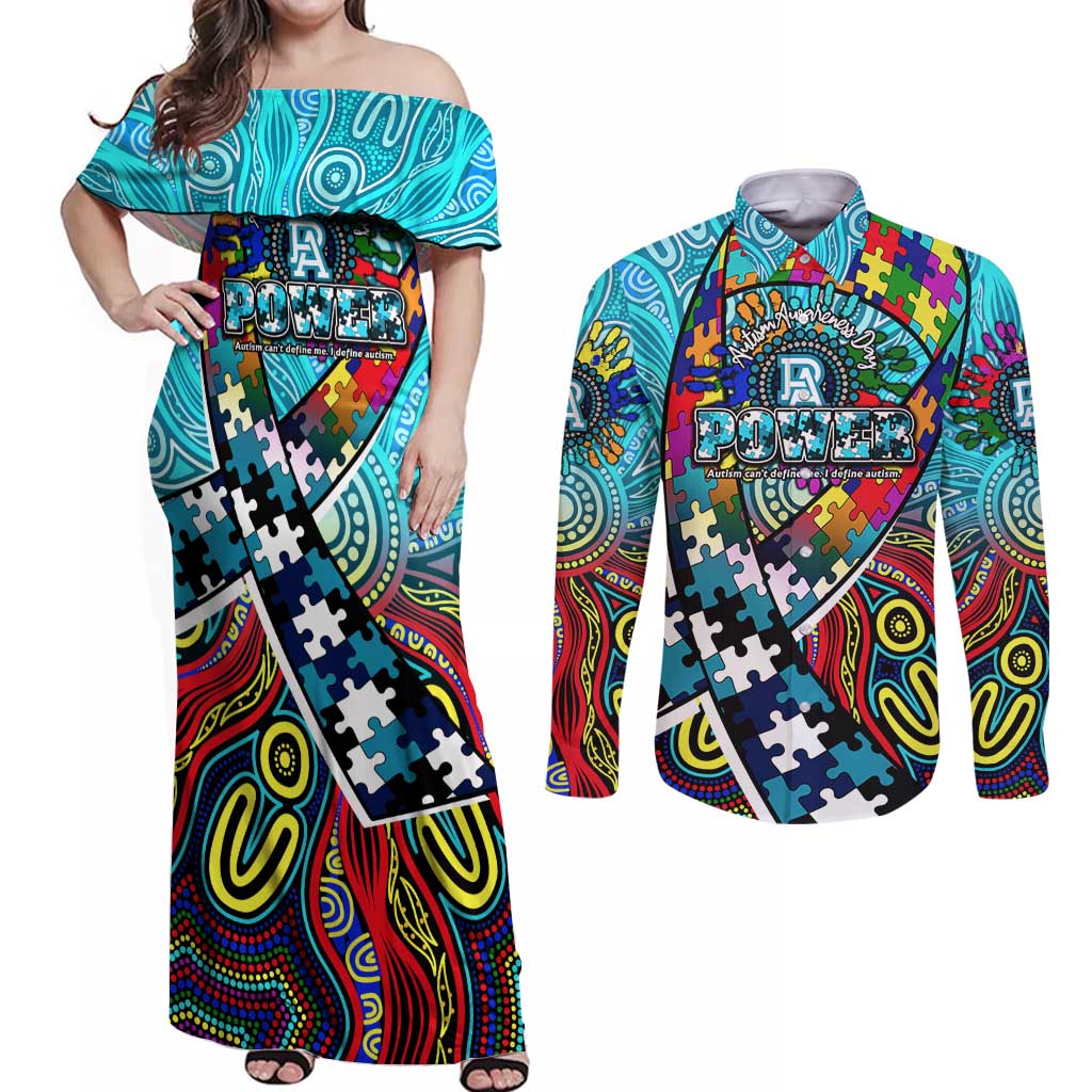 Autism Awareness Australia Port Adelaide Power Couples Matching Off Shoulder Maxi Dress and Long Sleeve Button Shirt Aboriginal Indigenous Art