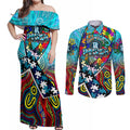 Autism Awareness Australia Port Adelaide Power Couples Matching Off Shoulder Maxi Dress and Long Sleeve Button Shirt Aboriginal Indigenous Art