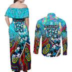 Autism Awareness Australia Port Adelaide Power Couples Matching Off Shoulder Maxi Dress and Long Sleeve Button Shirt Aboriginal Indigenous Art