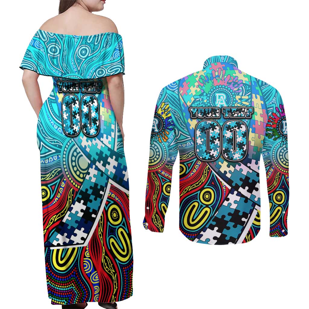 Autism Awareness Australia Port Adelaide Power Couples Matching Off Shoulder Maxi Dress and Long Sleeve Button Shirt Aboriginal Indigenous Art