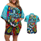 Autism Awareness Australia Port Adelaide Power Couples Matching Off Shoulder Short Dress and Hawaiian Shirt Aboriginal Indigenous Art