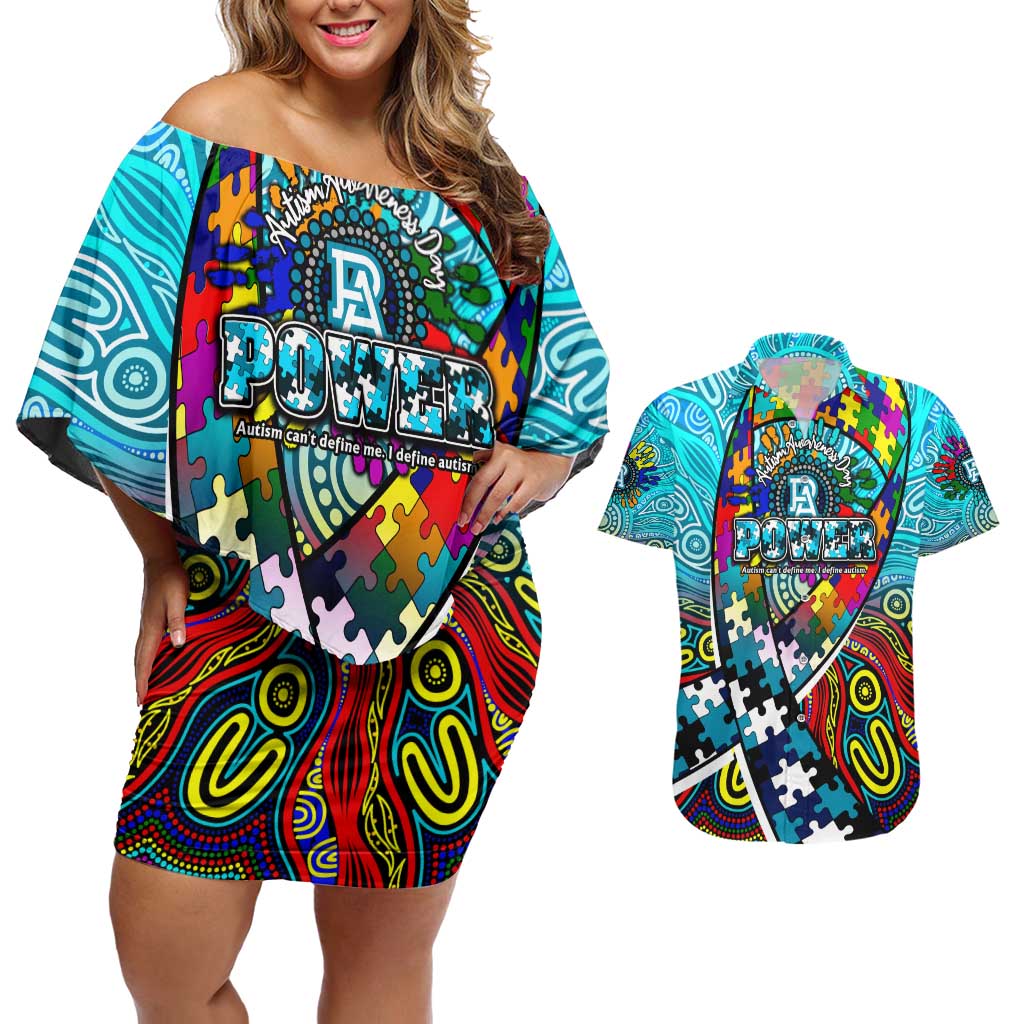 Autism Awareness Australia Port Adelaide Power Couples Matching Off Shoulder Short Dress and Hawaiian Shirt Aboriginal Indigenous Art