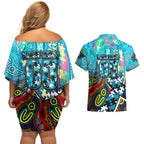 Autism Awareness Australia Port Adelaide Power Couples Matching Off Shoulder Short Dress and Hawaiian Shirt Aboriginal Indigenous Art