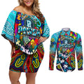 Autism Awareness Australia Port Adelaide Power Couples Matching Off Shoulder Short Dress and Long Sleeve Button Shirt Aboriginal Indigenous Art
